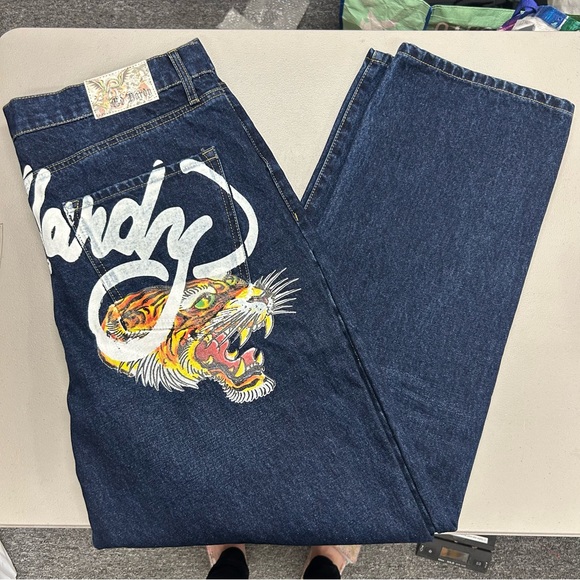 Ed Hardy Denim Jeans Tiger Painted Pockets Dark Wash Loose Fit NWT Mens 38 42 - Picture 2 of 11